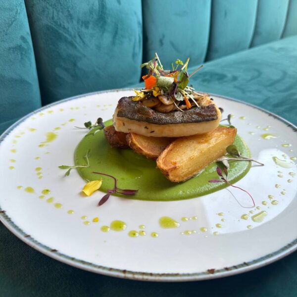 Cod with mashed peas and sweet potato